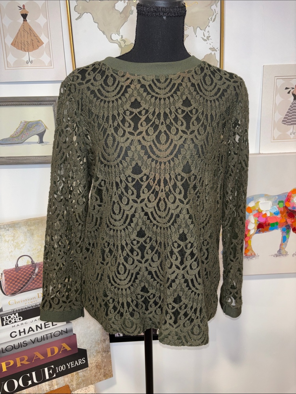 Banana Republic Olive Green Crochet Lace Long Sleeve Top